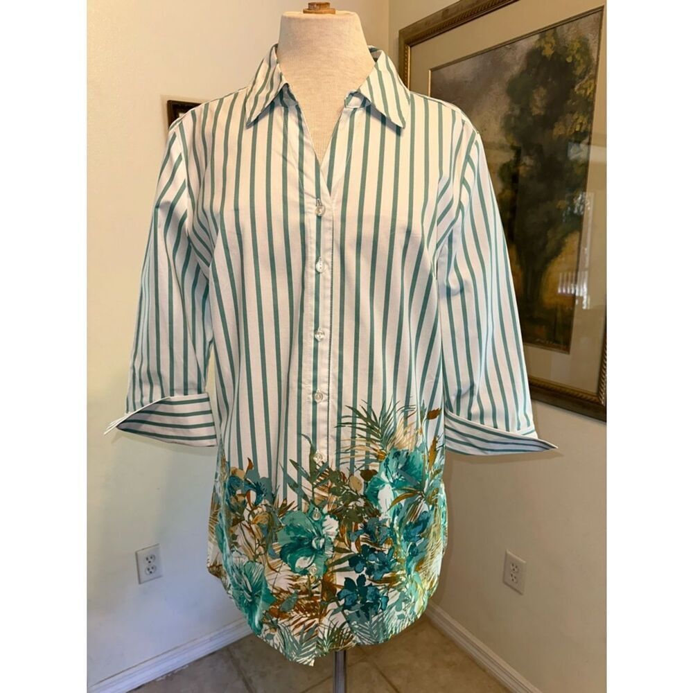 Denim & Co. Top- Striped Green Floral Button-Down Tunic Shirt Size Medium